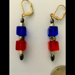 OOAK blue and red‎ glass cube earrings
